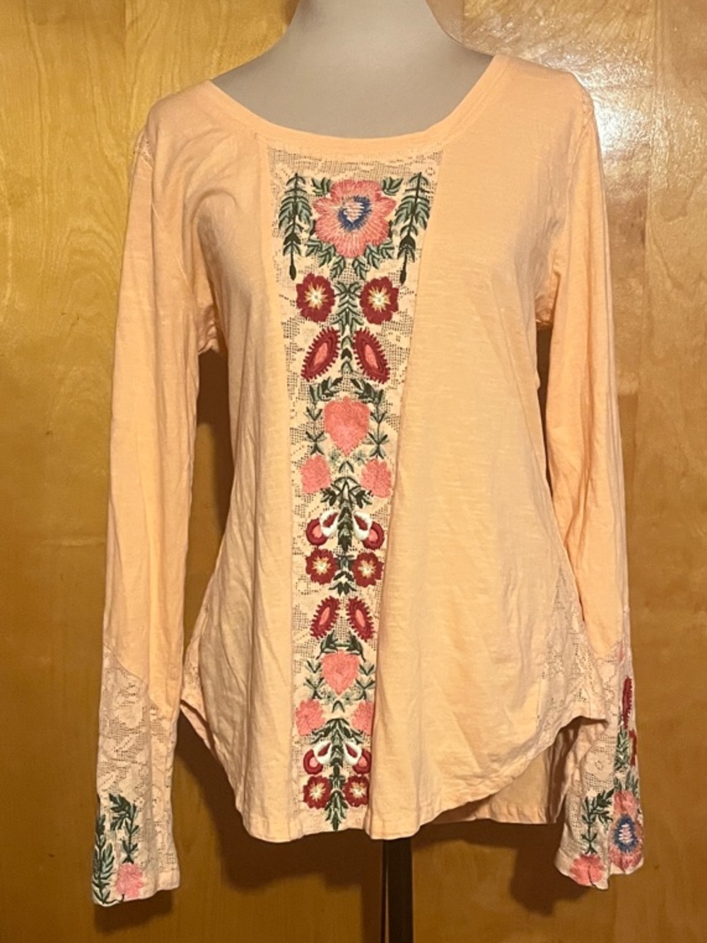 Sundance Flowers for Abigail Peach Long Sleeve Tee with Floral Embroidered Panel